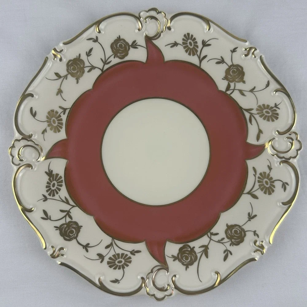 Weimar Porzellan ILSE Tea Trio Coral Pink Gold Gilt Rose Footed Cup Saucer Plate
